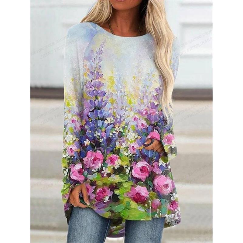 Women T-shirt Summer Floral Print  Fashion Long Sleeve Tshirt Essential Tops Tees Ladies Flower