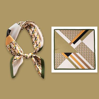 Simple Commuter Versatile  70cm Small Square Scarf, Colored Geometric Line Printed Mulberry Silk Scarf
