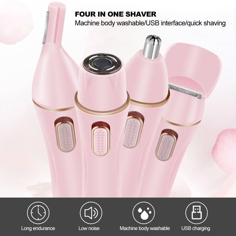 4 In 1 Electric Hair Shaver Epilator Portable Eyebrow Nose Hair Trimmer Pink (USB Charging)