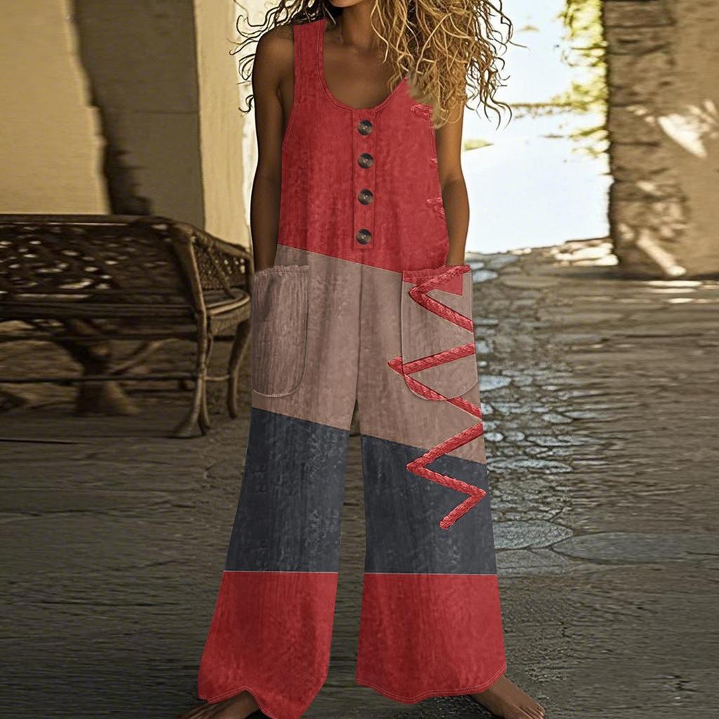 Women's Fashion Casual Button-down Sleeved Jumpsuit Retro Color Block Stitching Printed Cotton Pocket Jumpsuit