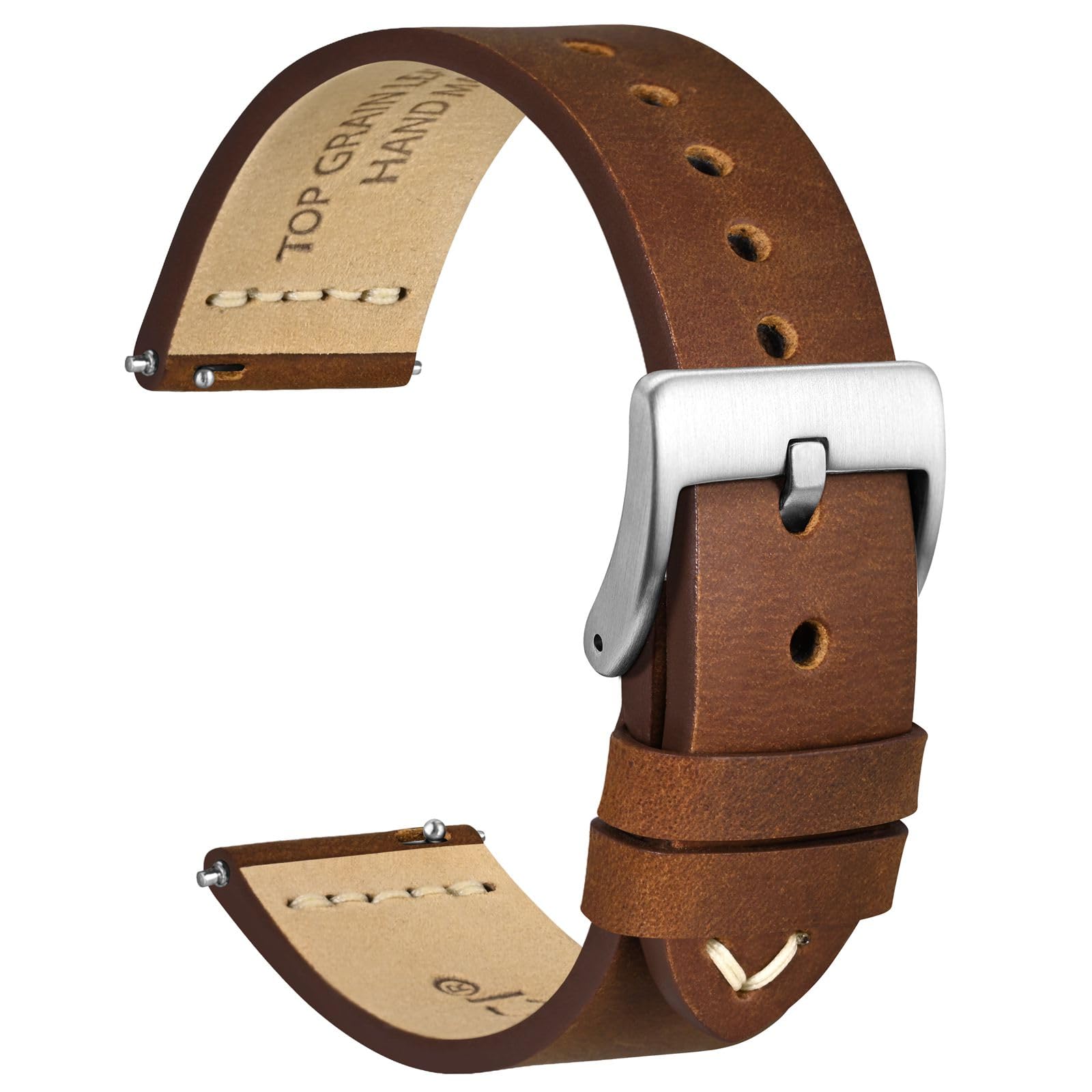 

[WOCCI] Watch Strap Genuine Leather Antique Watch Band 20mm Top Grain Leather Quick Release CamelSilver Buckle