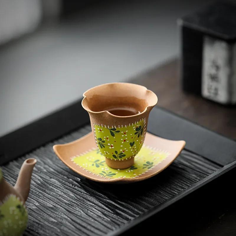 Light Luxury and Ancient Rock Mud Flower-mouth Cup, Chinese Creative Hand-painted Yellow Chrysanthemum Tasting, Personal Tea Cup