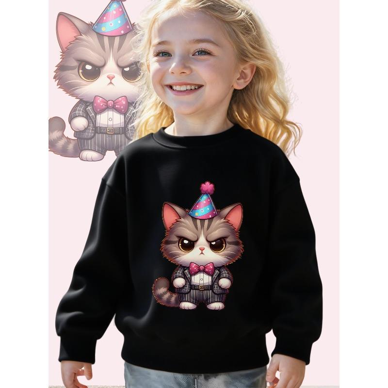 Kids Crewneck Sweatshirt, Chibi Cat Party Paws Cute Graphic Print, Soft Casual Long Sleeve Pullover