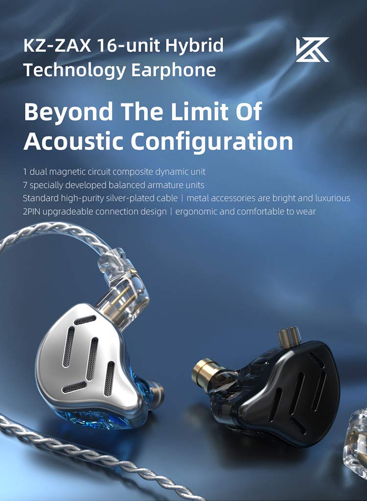 CCA KZ ZAX In-Ear Monitor Headphones, 16-Unit 7BA+1DD Hybrid Drivers, High-Fidelity IEM Earphones, Metal Gaming Earphones, 2-Pin Detachable Cable