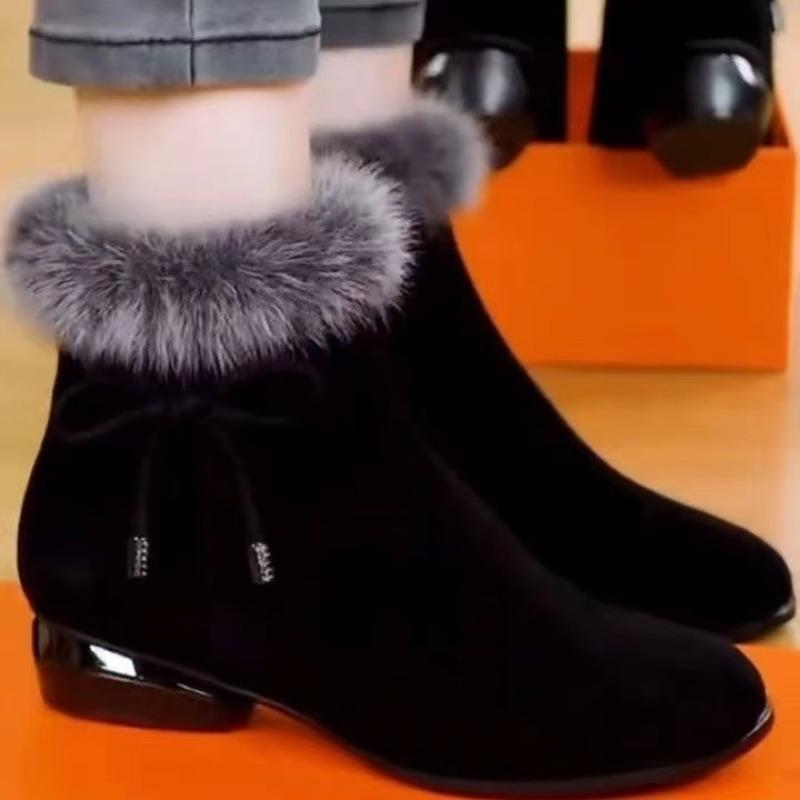 New Comfortable Low-heeled Small Short Boots, Fleece Autumn and Winter Fluffy Shoes, Round Head Suede Matte Soft Leather and Ankle Boots