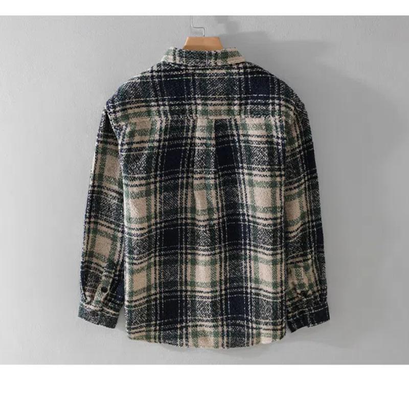 Automne et Hiver Vêtements Homme Chemise à Carreaux Rétro Manches Longues Chemises Amples Brossées avec Poche Chemise Décontractée Quotidienne pour Homme