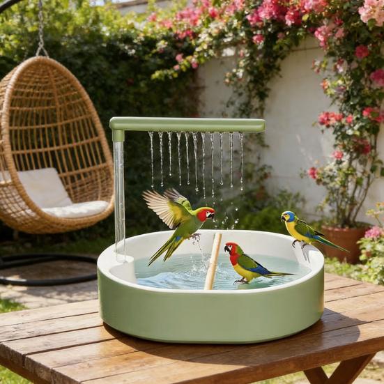 Automatic Bird Bath Parakeet Bath with Circulating Shower System Splash Guard Adjustable Flow Parrot Bath for Cockatiels Macaws Cage Accessory