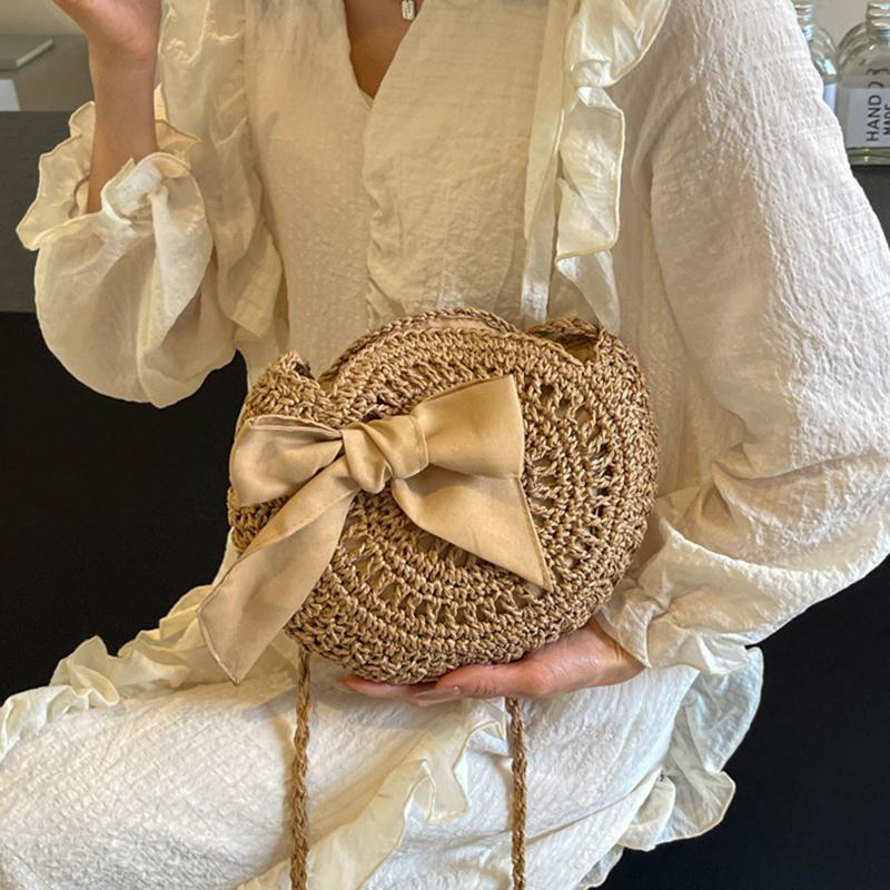 Sommer Kleine Stroh Schulter Umhängetaschen Handgefertigt Strand Handtaschen Schleife Gewebte Tragetasche Runde Umhängetasche Clutch