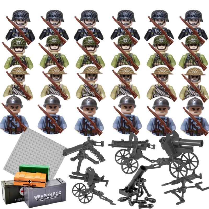

24 шт. Дитячі будівельні блоки Іграшки Військові фігурки Другої світової війни Солдат армії Зброя Набір цеглинок