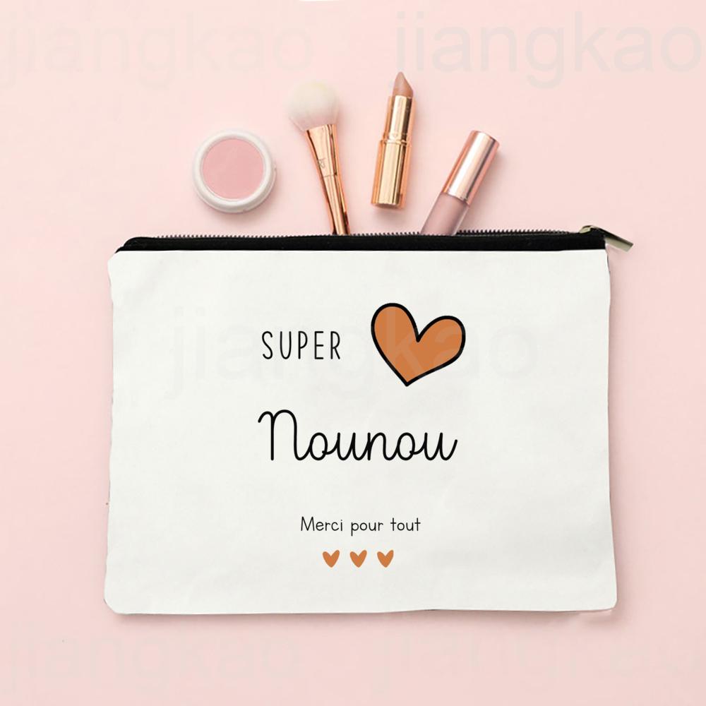 Thank You for Caring for Me As A Nanny French Print Cosmetic Bag Travel Toiletry Organizer Bags Women Makeup Bag Gift for Nounou