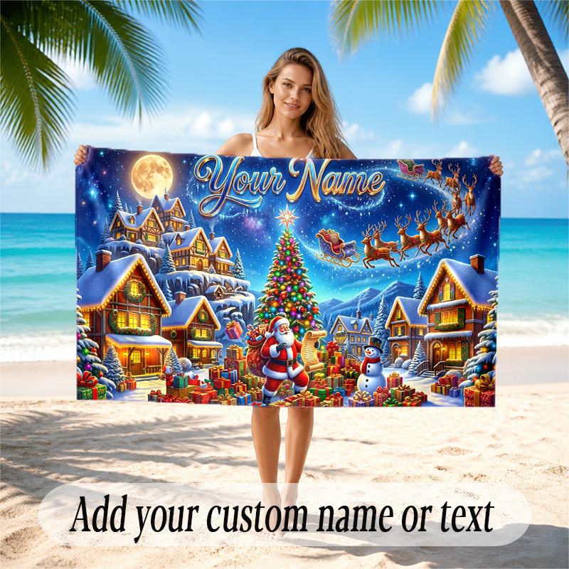 Christmas Theme Quick Dry Beach Towel Custom Name Text Print Large Sand Resistant Towel Beach Vacation