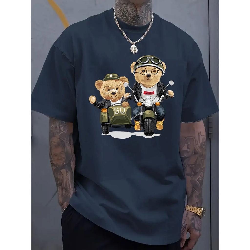 Summer 100 Cotton Fashionable Casual Sports Loose Cartoon Bear Pattern Printed Round Neck Short Sleeved Men's T-shirts
