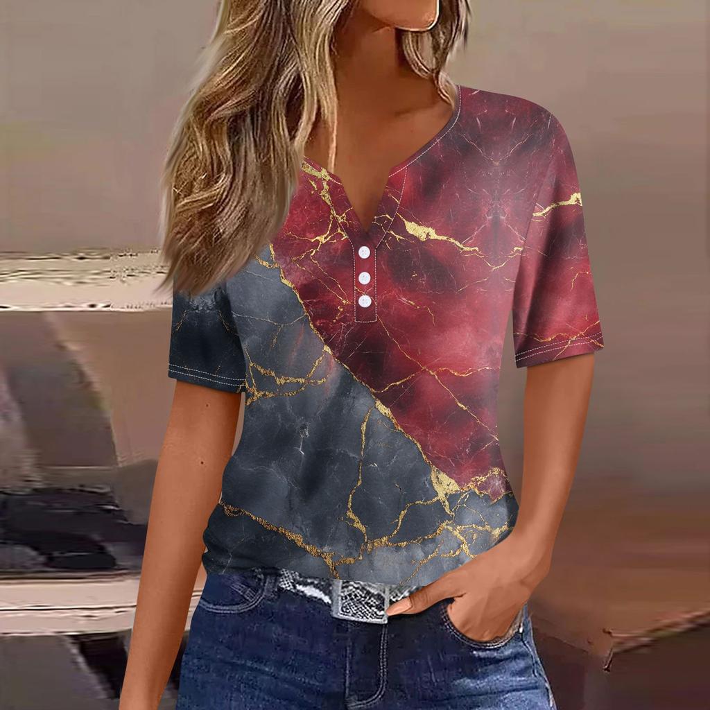 Women's T Shirt Tee Print Button Short Sleeve Daily Weekend Fashion Basic V- Neck Regular Top Summer