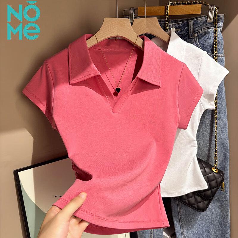 NOMe Women's Polo Collar Pleated Waist Cotton T-shirt