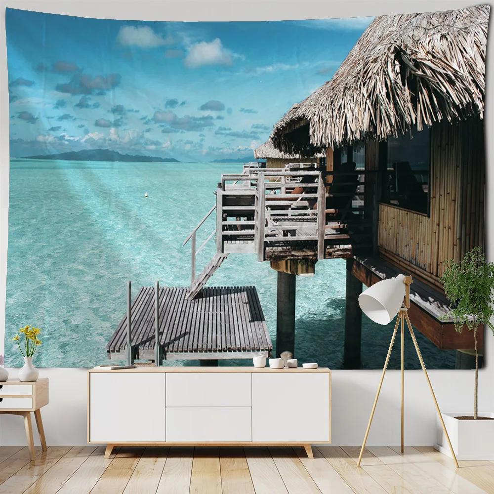 Dreamy Beach Landscape Tapestry Wall Hanging for Bedroom Living Room Dormitory Home Decor Sea View Background Cloth
