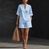Women Linen Blend V Neck Short Sleeve Casual Two Piece Set