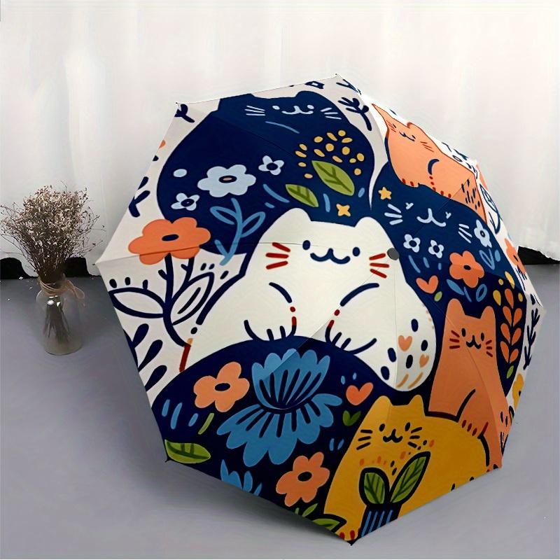 1pc Cats Flowers Automatic Umbrella   Auto Open/Close Folding Umbrella with  8 Rib Frame, 3 Fold Compact Umbrella for Men & Women, 102