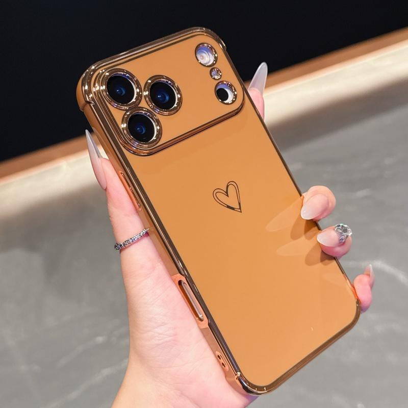 Luxury Plating Love Heart Phone Case For Apple iPhone 17 16 15 14 Plus 13 12 Mini Pro Max Air With Camera Lens Proteciton Cover