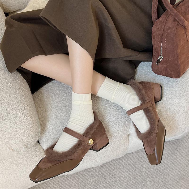 Women Fur Mid Heels Marie Janes Square Toe Shoes 2025 Brand Trend New Short Plush Warm Fad Elegant Dress Pumps Chaussures Femme