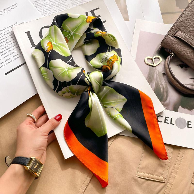 27.5" Floral Printed Square Scarf Elegant Thin Satin Decorative Neck Scarf Summer Sunscreen Windproof Headscarf Women'S Bandana