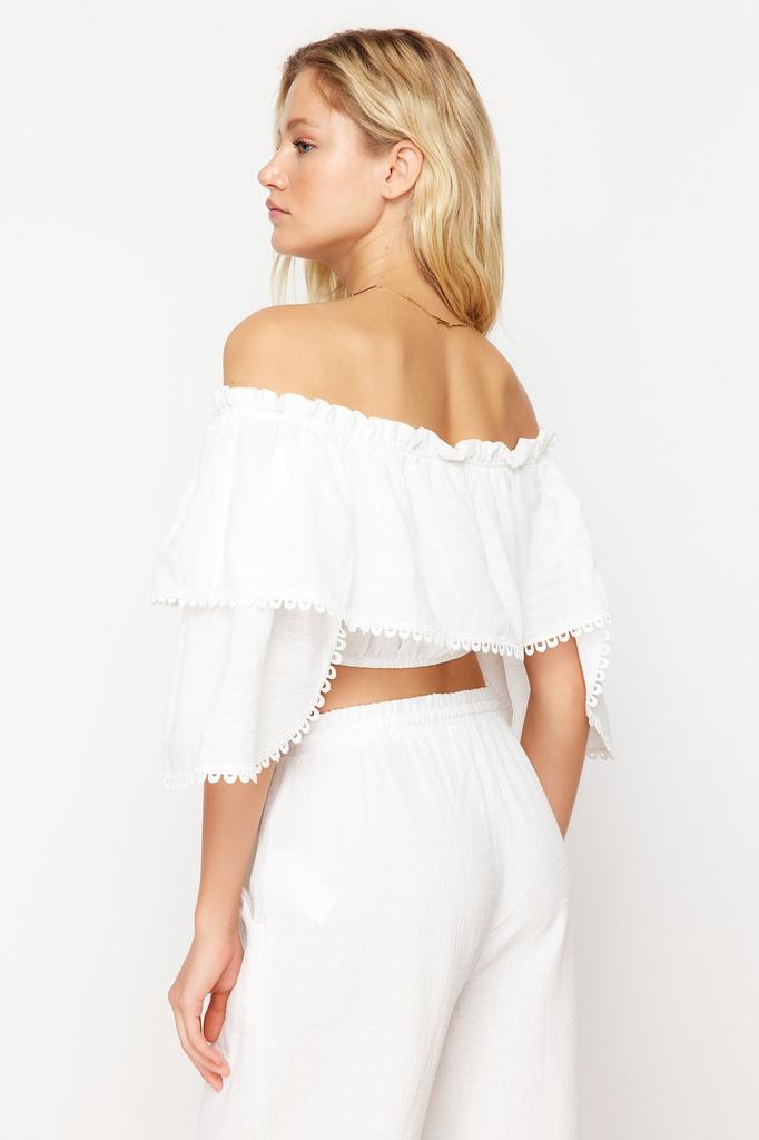 Women's Fashion New Blouse Black Crop Woven Flounce Blouse