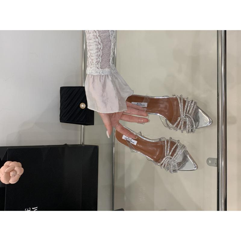 PVC transparent sandals bag head cross rhinestone high heels 25 spring and summer new rear empty shallow mouth sweet banquet wedding shoes