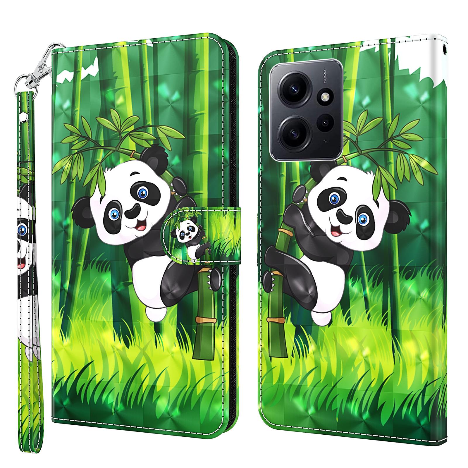 

For Xiaomi Redmi Note 12 4G Wallet Leather Phone Case 3D Pattern Printing Stand Cover with Strap Panda Climbing