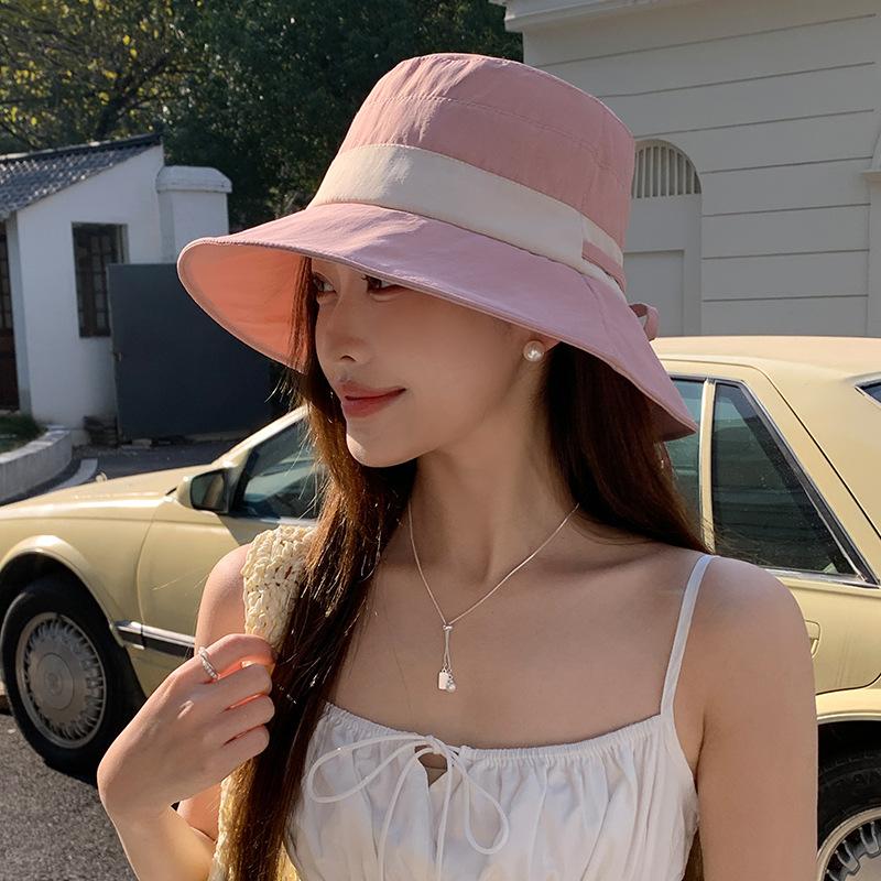 Outdoor Leisure Sun Hat Fisherman Hat Simple Color Block Tether Sun Protection Hat Girl Traveling To Show Her Face Small Hat Early Spring