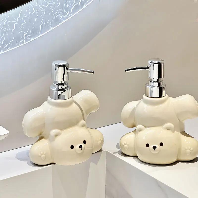 400ml Soap Dispenser Cute Little White Bear Ceramic Lotion Hand Wash Bottle Toilet Shampoo Dispensing Press Bottle Dispenser