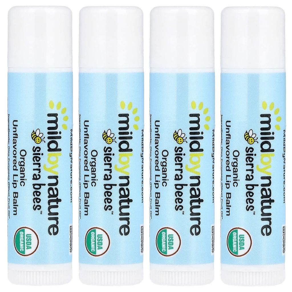 Mild By Nature, Sierra Bees™, Organic Lip Balm, Unflavored, 4 Pack, 4.25 g (0.15 oz) Each