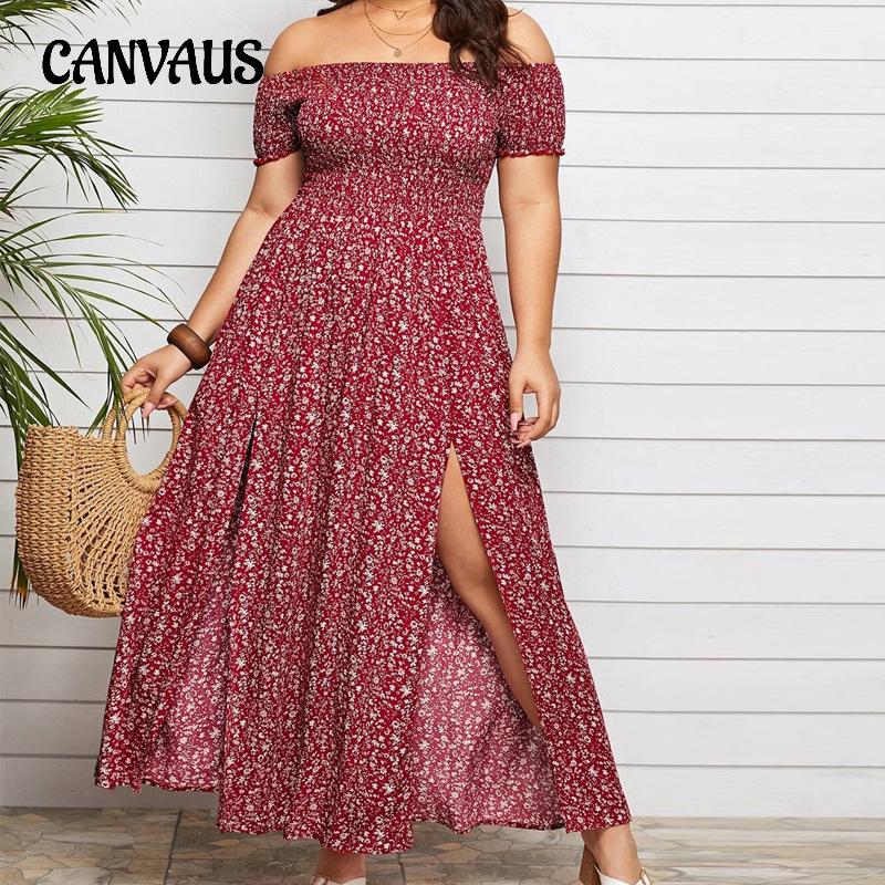 Summer Dress Plus Size Casual Bohemian Printed Strapless One Neck Split Dress Long Floral Dress