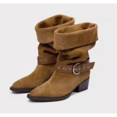 Fashion New Style Vintage Women's Fall Vintage Pointed Toe Suede Studded Metal Buckle Block Heel Western Cowboy Boots Zapatos Mujer