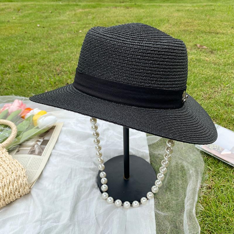 Hat Women's Fashion Elegant Big Eaves Pearl Straw Hat Women's Summer Travel Sunscreen Sun Hat British Top Hat