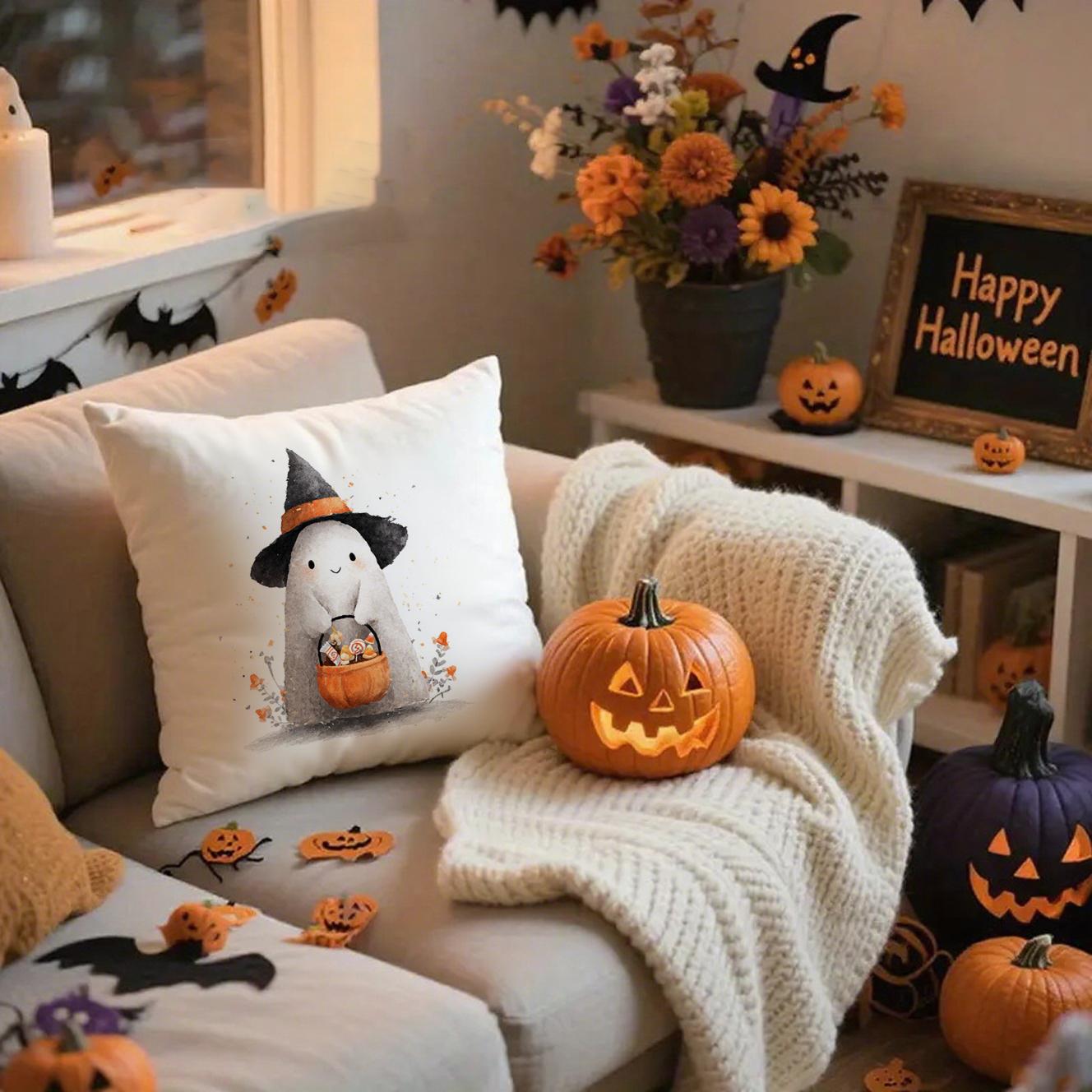 

Halloween-themed Pumpkin and Ghost PillowsSuitable for sofa car bedroom decorative cushion cover pillow cover 16x16Inch