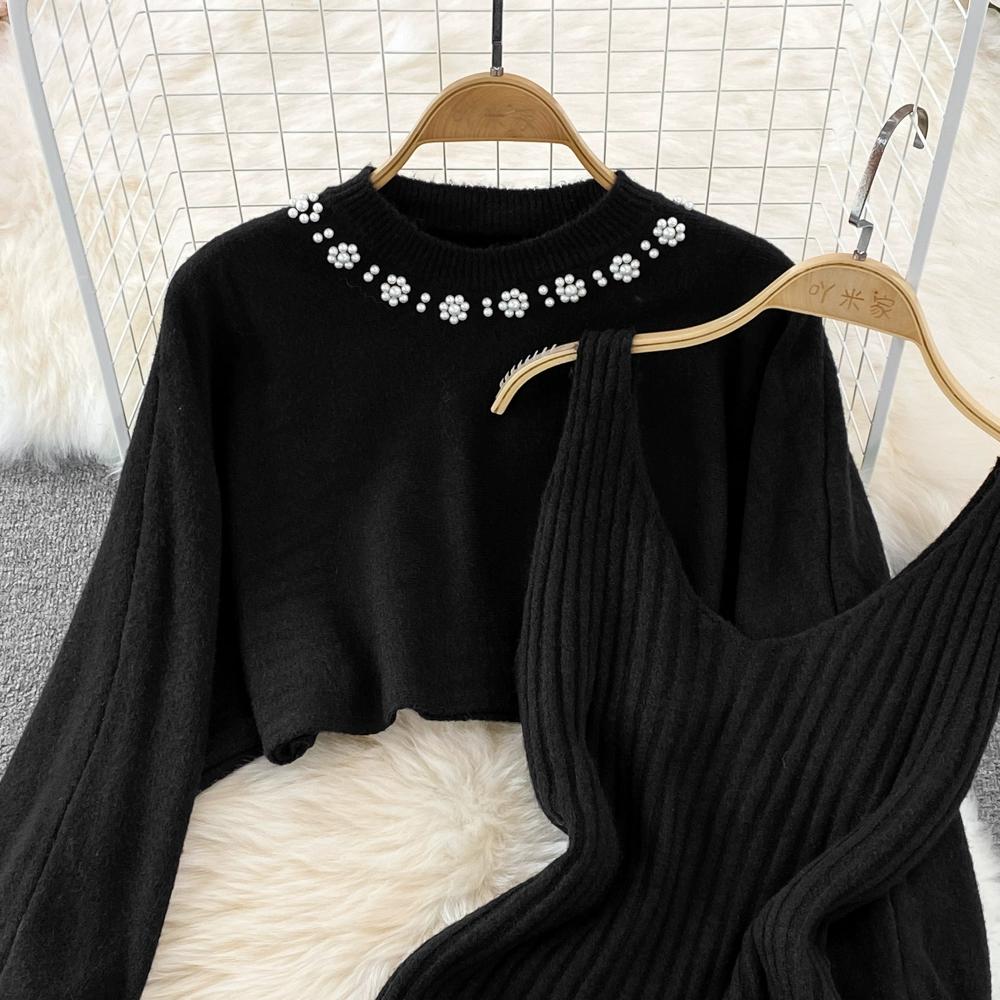 Celebrity Temperament Round Neck Beaded High Waist Short Belly Button Sweater Two-piece Set Spice Girl Knitted Vest Dress