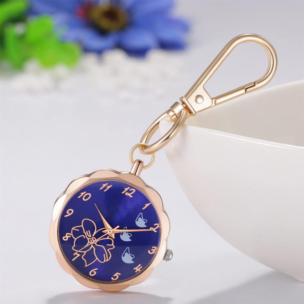 Watch Keychain Clip Pocket Watch Women Analog Flower Nurse Watch Waterproof Cute Rose Gold Fashion Accessory