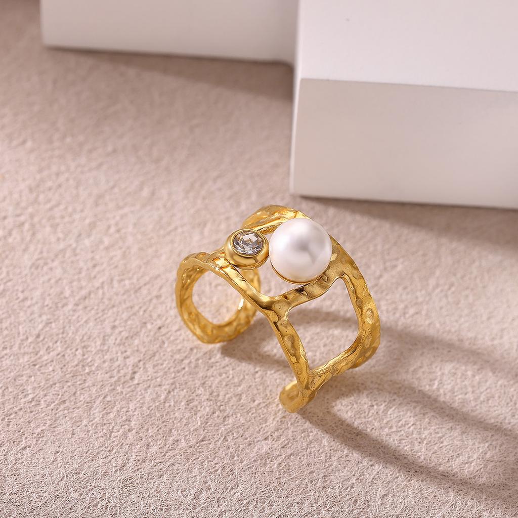 Doppellagige Breitring aus Edelstahl für Damen, Goldfarbe, Geometrisches Herz, Imitation Perle, Zirkonring Schmuck Party