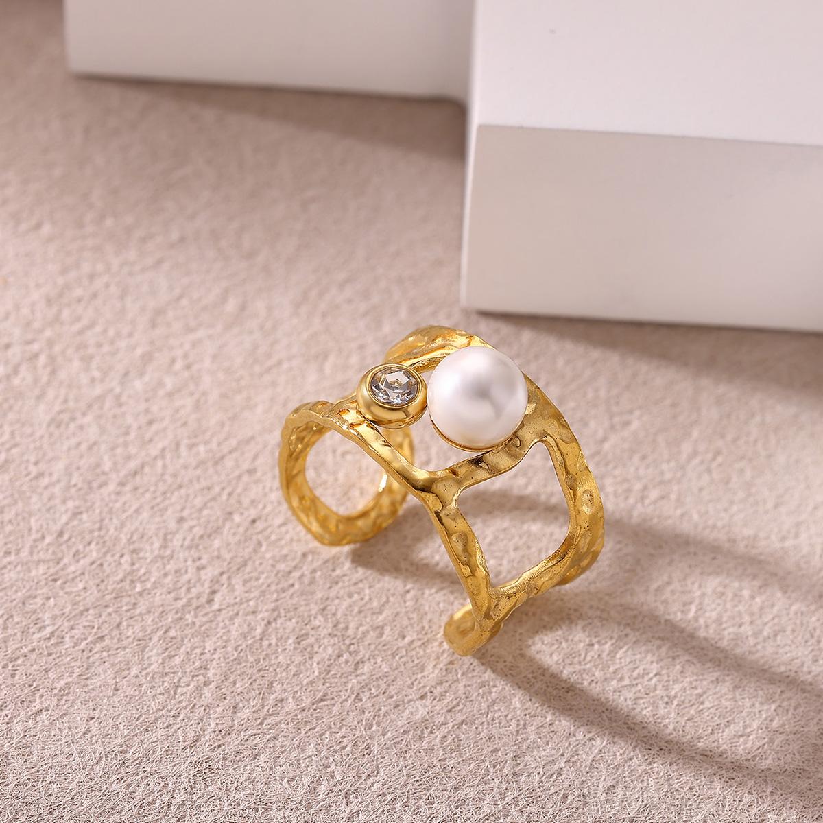 

Stainless Steel Double-Layer Broad Surface Rings For Women Gold Color Geometric Heart Imitation Pearl Zircon Ring Jewelry Party resizable