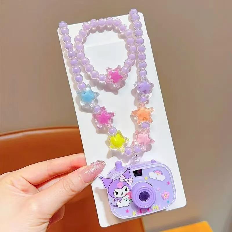 2Pcs Cute Glowing Toy Cartoon Sanrio Kuromi Children Projection Camera Beaded Necklace Bracelet Jewelry Girl Birthday Gift