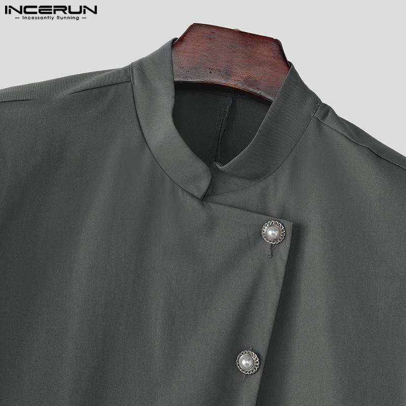 Stand Short Neck Men Incerun Sleeve Casual Split Irregular Ruffled Long Tunic Tops