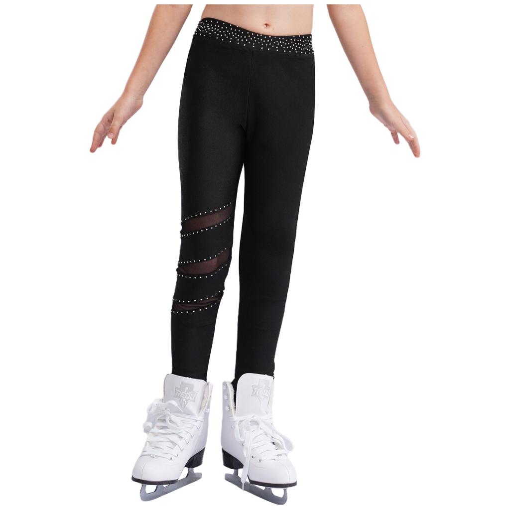 Girls Figure Skating Pants Sparkly Rhinestones Elastic Waistband Leggings Sheer Mesh Patchwork Trousers