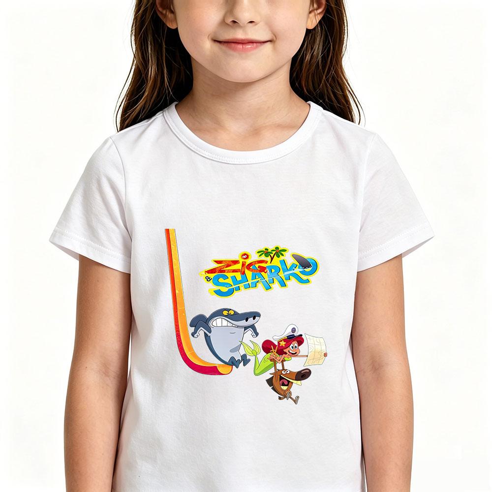 Zig and Sharko Children's 100%Cotton Cartoon Print T-shirt Cute Boys Girls Fashion Short Sleeve Casual Kids Tops Summer Toddler
