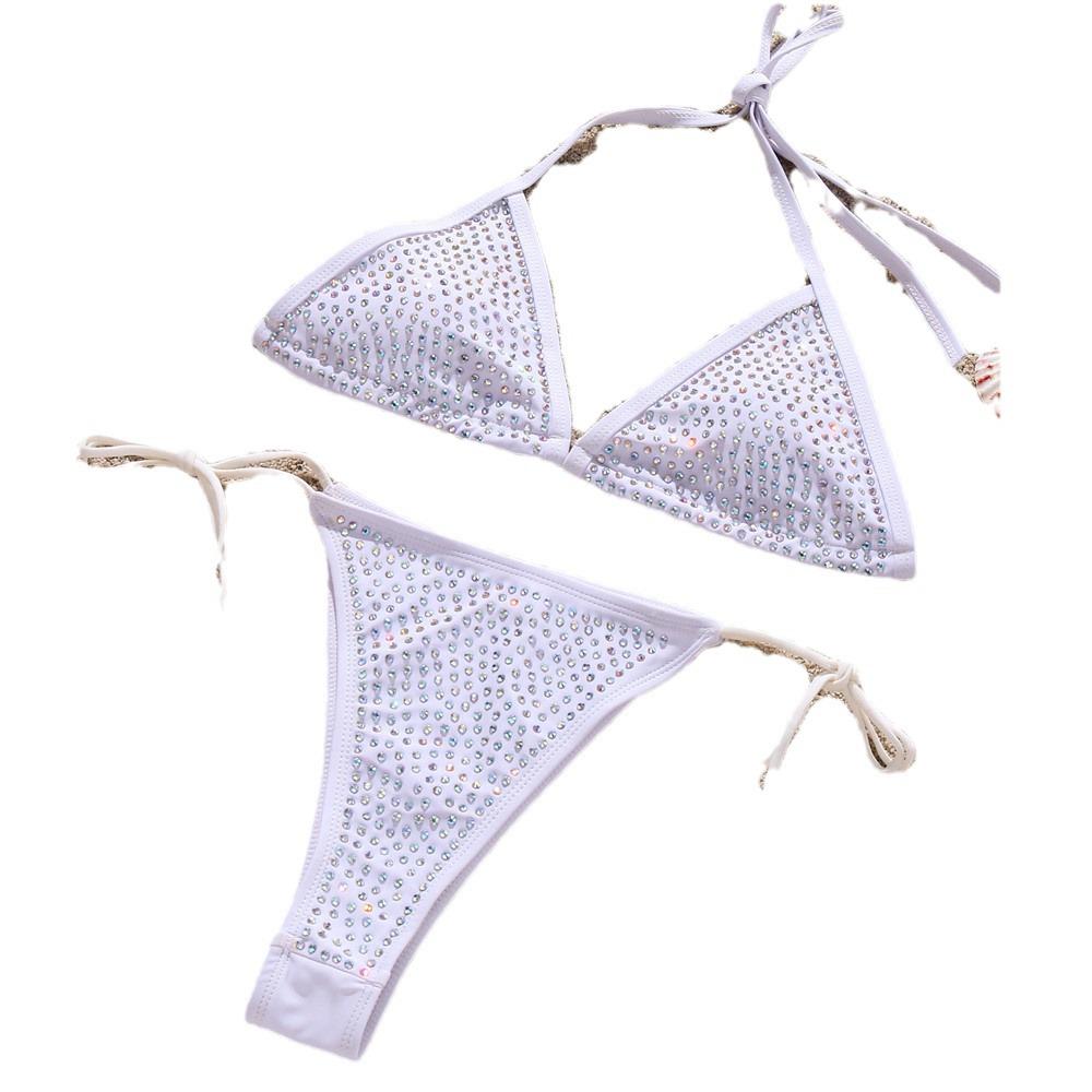 European & American Sexy Rhinestone Bandage Halter Bikini - Solid Color