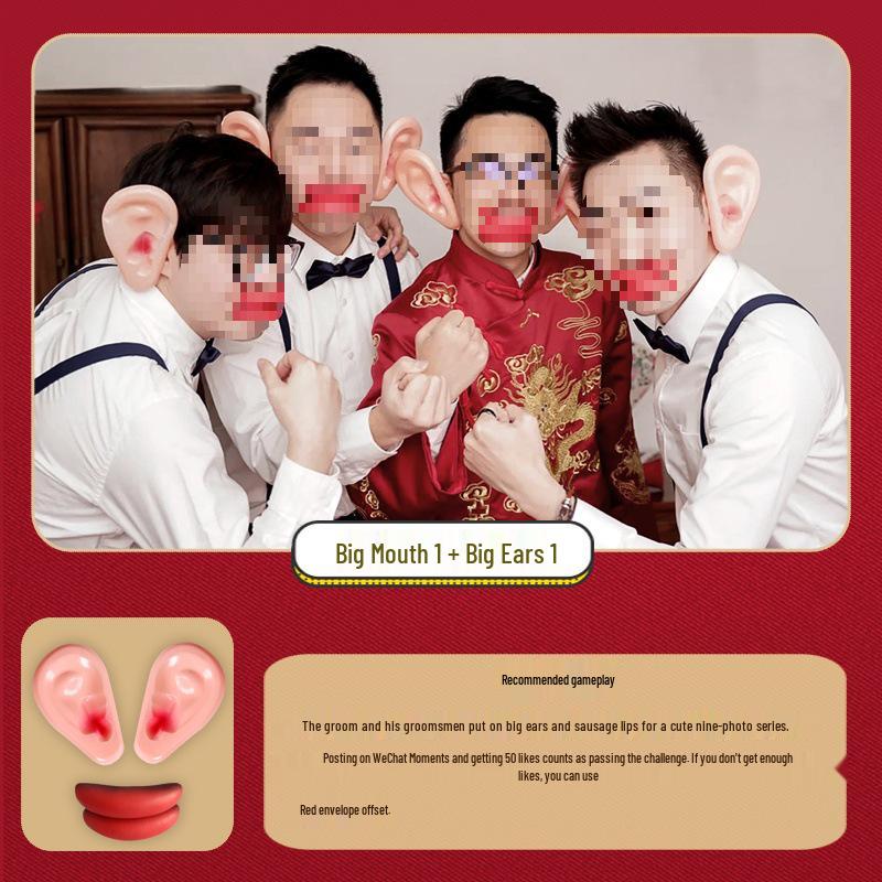 

Жартівливі реквізити для дружбів: Блокувальники дверей, Великі вуха та рот, Викрадач нареченої та Гра «Сосиска в роті».