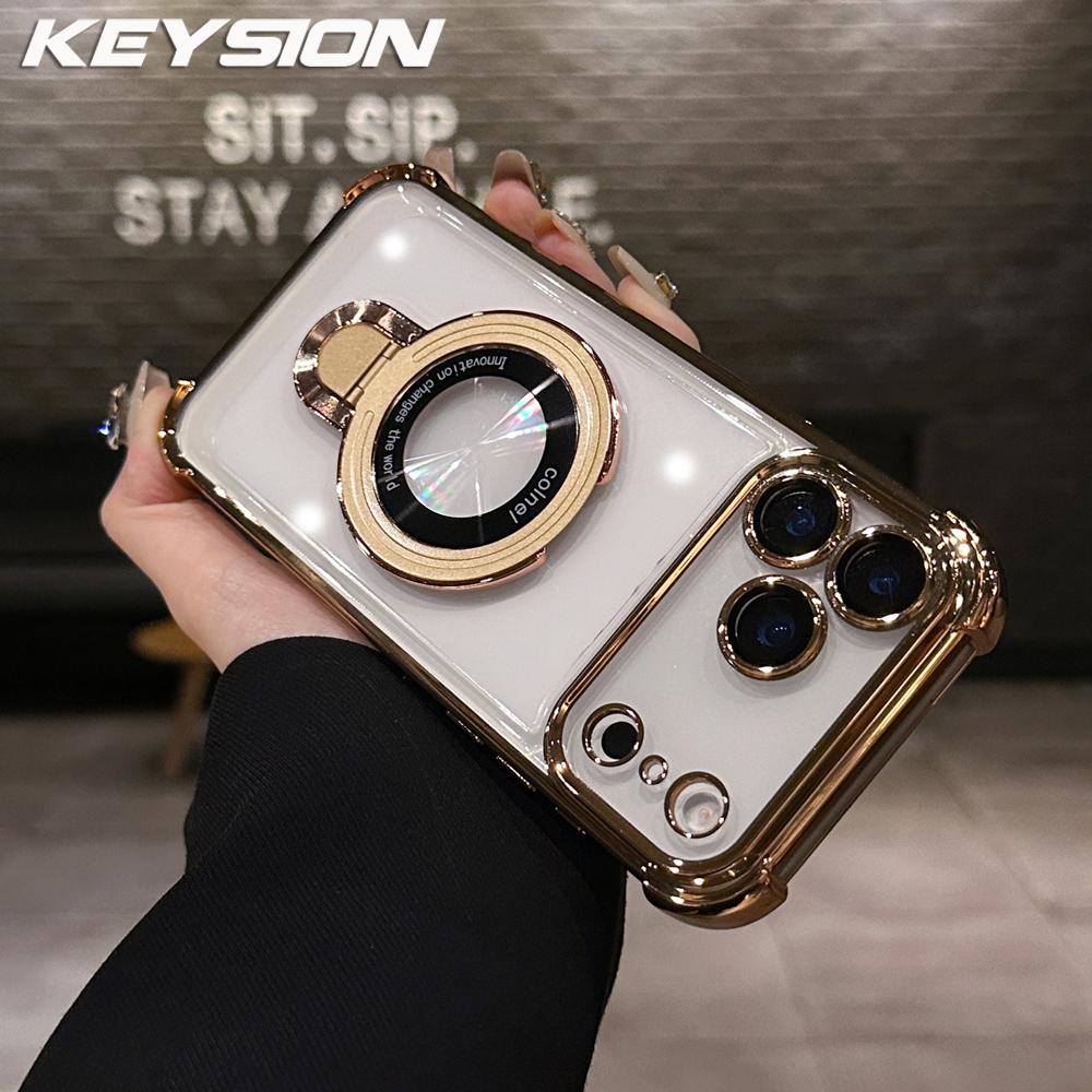 

KEYSION Магнитный чехол для MagSafe для iPhone 17 Pro Max 17 Air Гальваническое покрытие Прозрачный ТПУ Ударопрочный Чехол-подставка с кольцом Задняя крышка для телефона for iPhone 17 Pro Max золотой