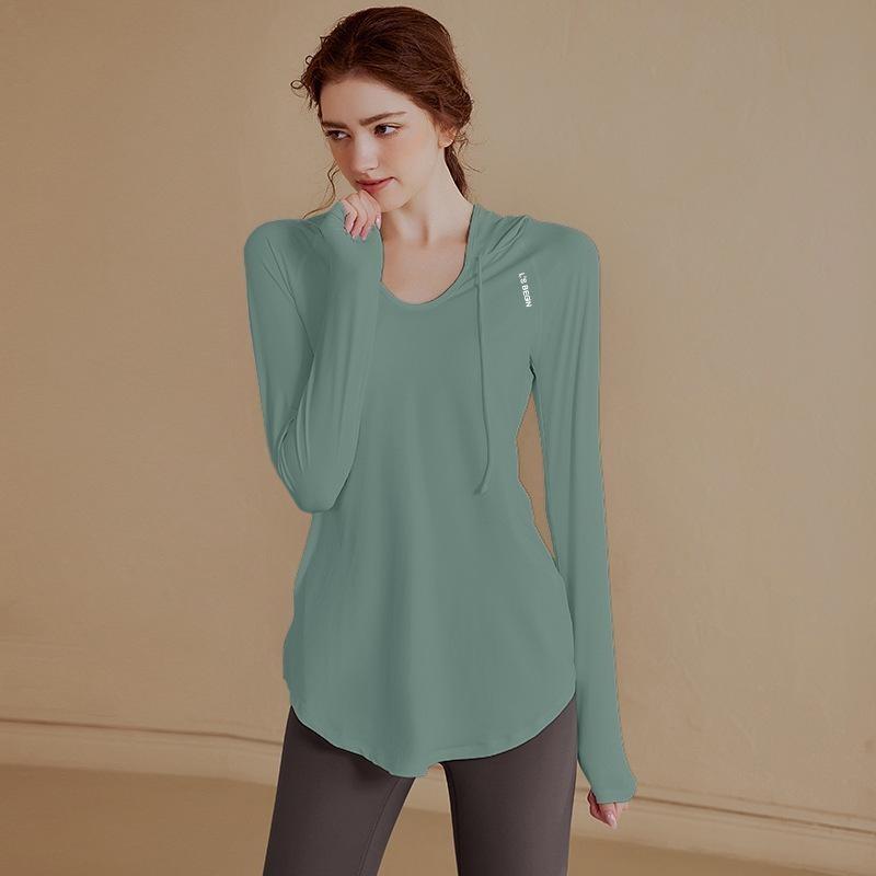 Abbigliamento da yoga a maniche lunghe con cappuccio sottile da donna, per sport all'aria aperta, jogging, top largo per il tempo libero, traspirante, ad asciugatura rapida, tinta unita