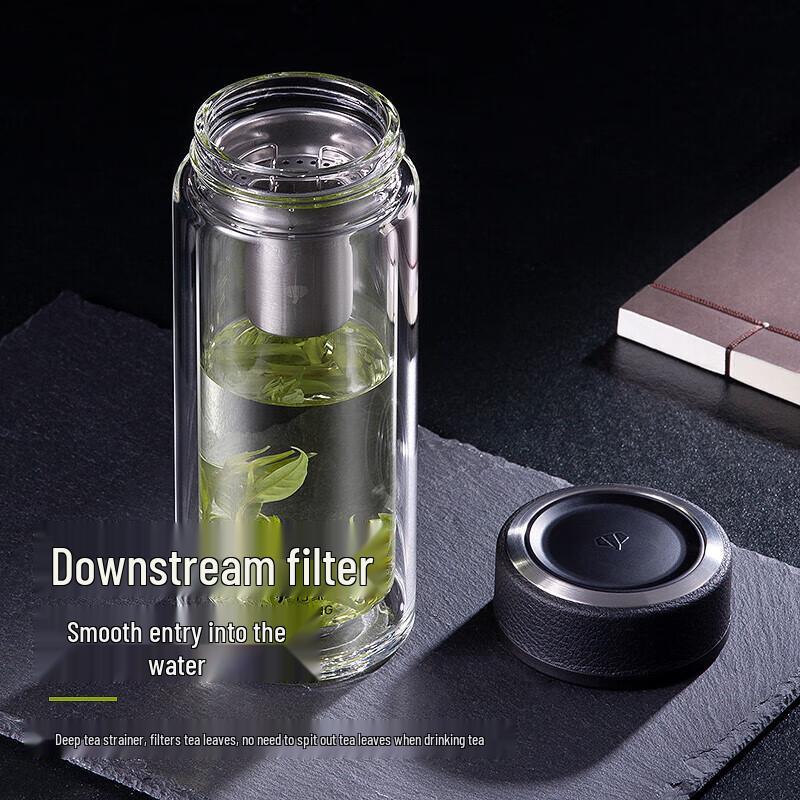 WANXIANG Double Wall Glass Tea Cup with Classic Leather Pattern, 370ML