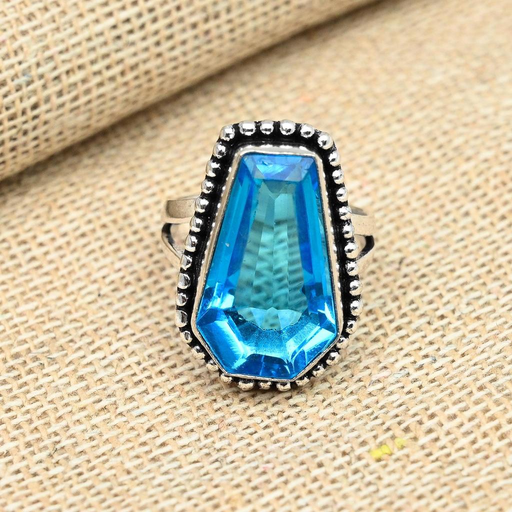 Blue Topaz Gemstone Solid 925 Sterling Silver Handmade Coffin Designer Ring Jewelry For Gifts
