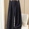 Women's Deep Gray Wool Blend Wide-Leg Pants - Autumn/Winter Drape Loose Casual Thick Long Pants