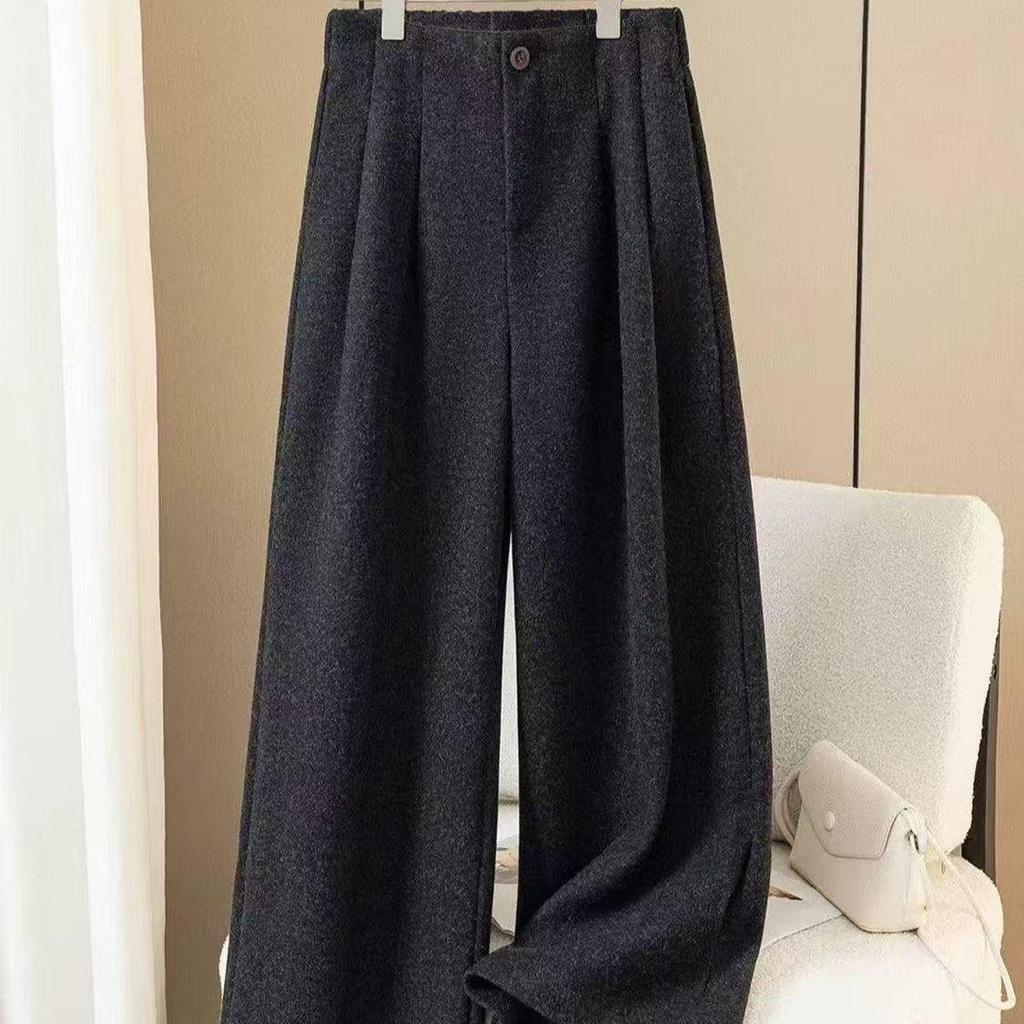 Women's Deep Gray Wool Blend Wide-Leg Pants - Autumn/Winter Drape Loose Casual Thick Long Pants